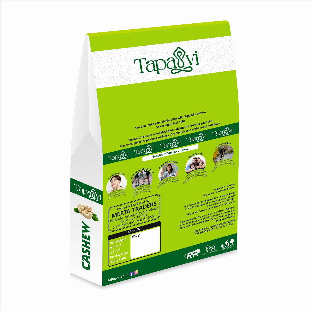 TAPASVI Premium Kaju 500g - 100% Natural Cashews Bulk Pack | MERTA TRADERS